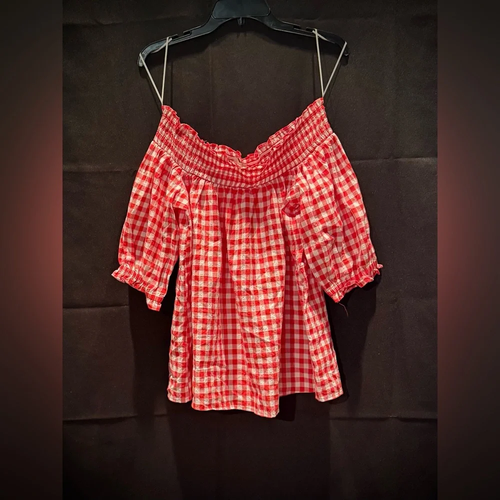 LOFT Red and White Gingham Off-Shoulder Blouse